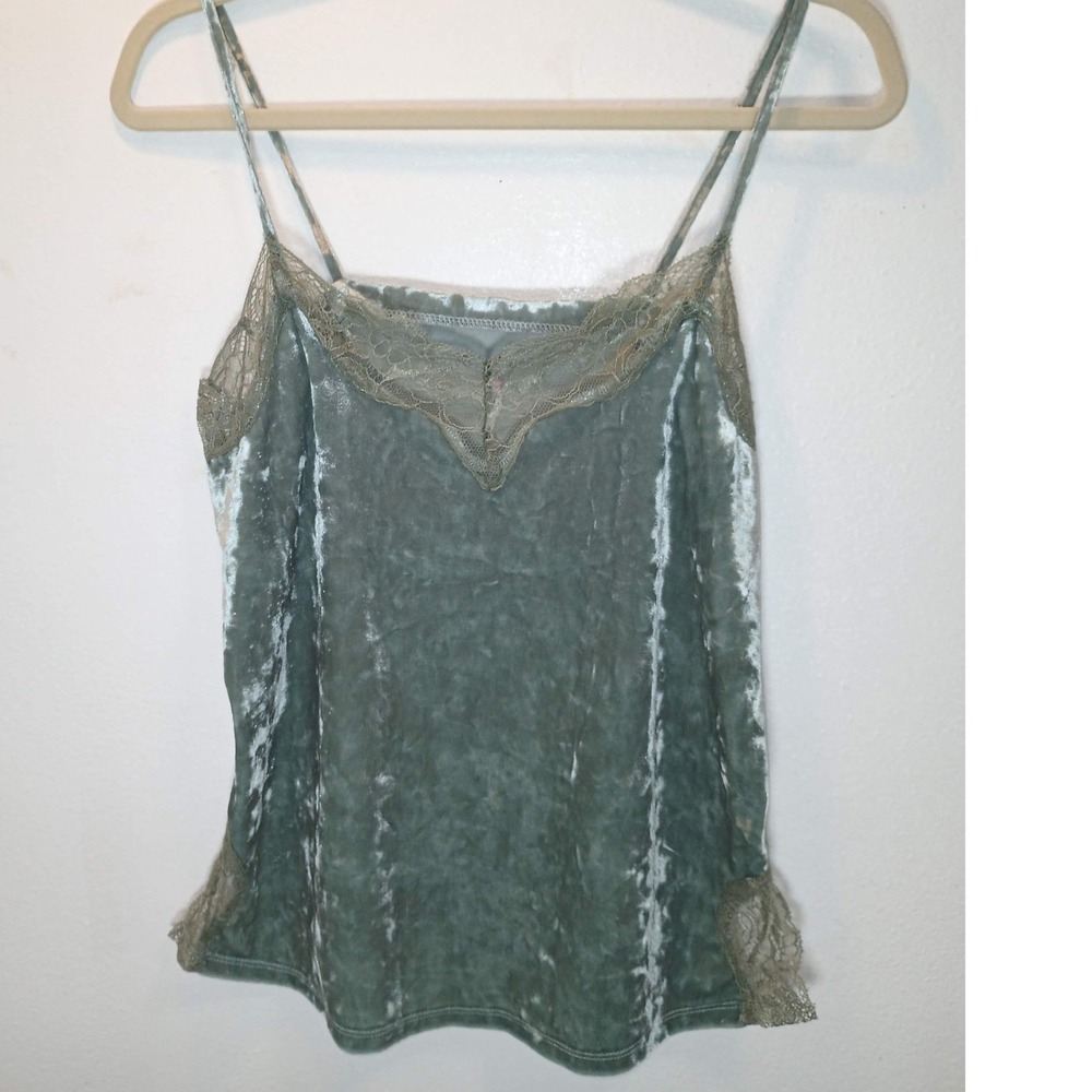 Vanilla Star Sage Green Crushed Velvet Lace Trim Cami Top Y2K Layering Size M